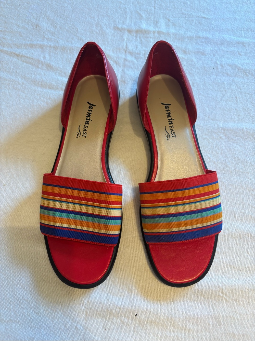 Jasmine Red Open-Front Flats with Multicolor Striped Band
